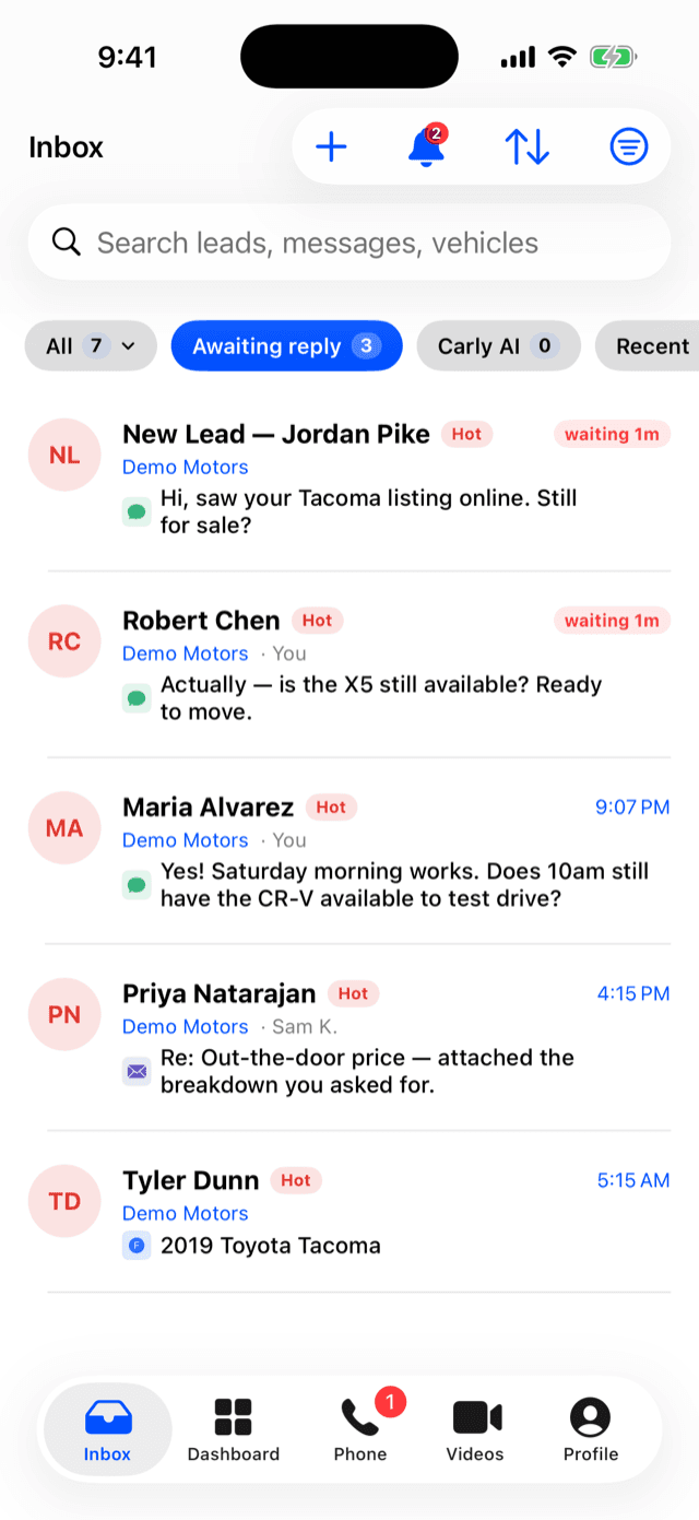 The real Dealer Funnel iOS app: unified team inbox with live leads
