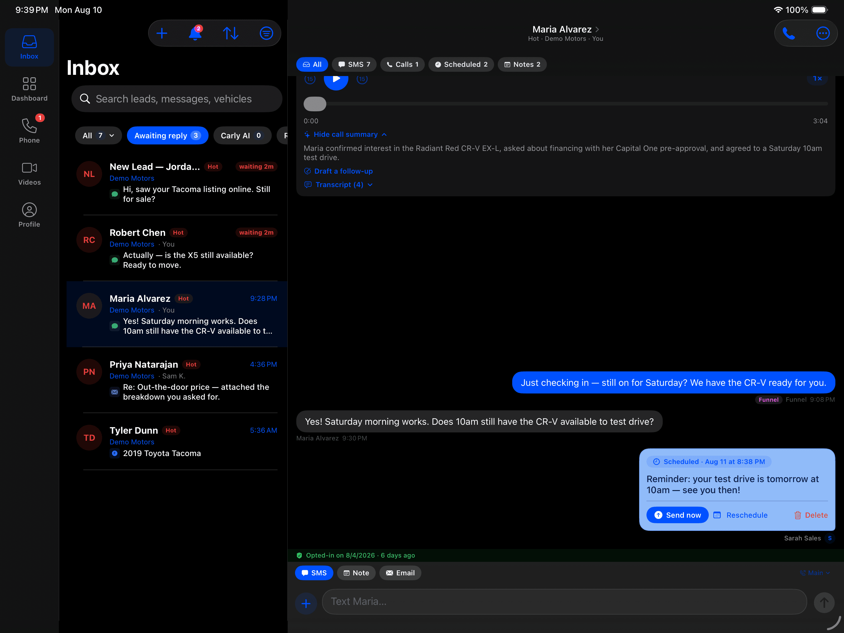 Dealer Funnel on iPad: the split-view inbox on a demo store