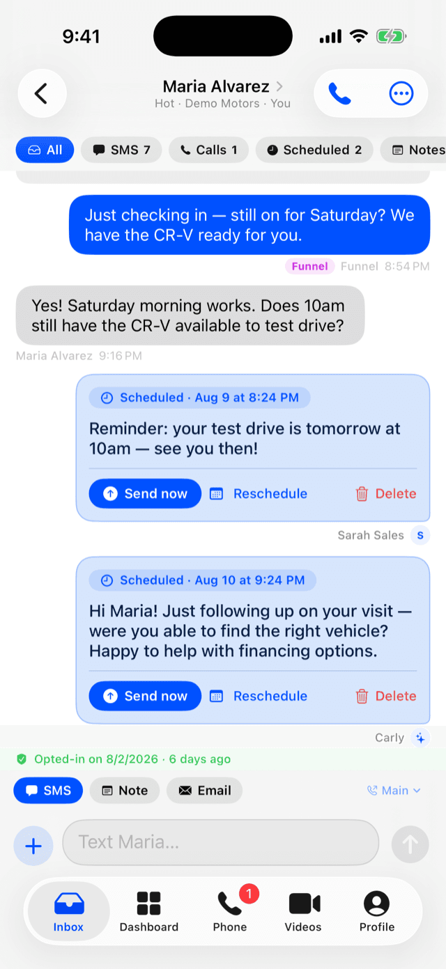 Dealer Funnel iOS: conversation with scheduled follow-ups