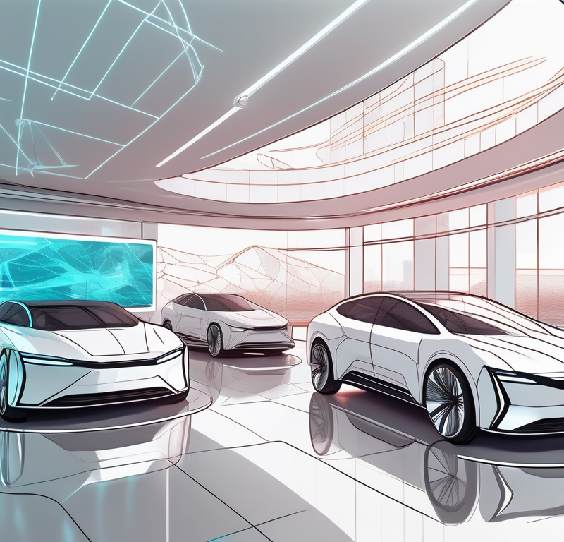 A futuristic car dealership with digital screens