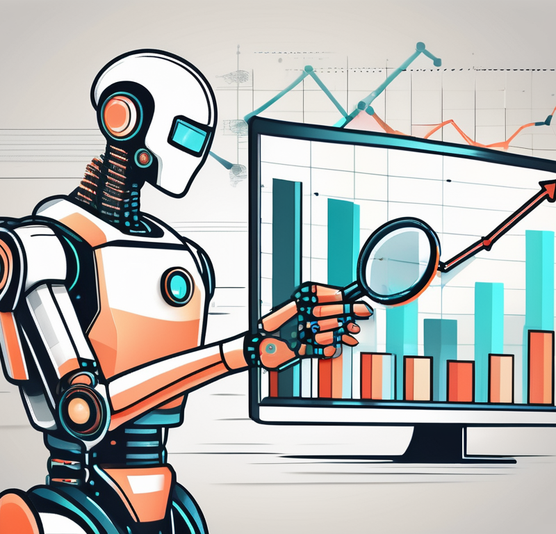 A futuristic ai robot holding a magnifying glass over a bar chart and pie chart
