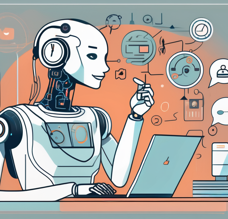 A futuristic ai robot serving a customer at a digital service desk
