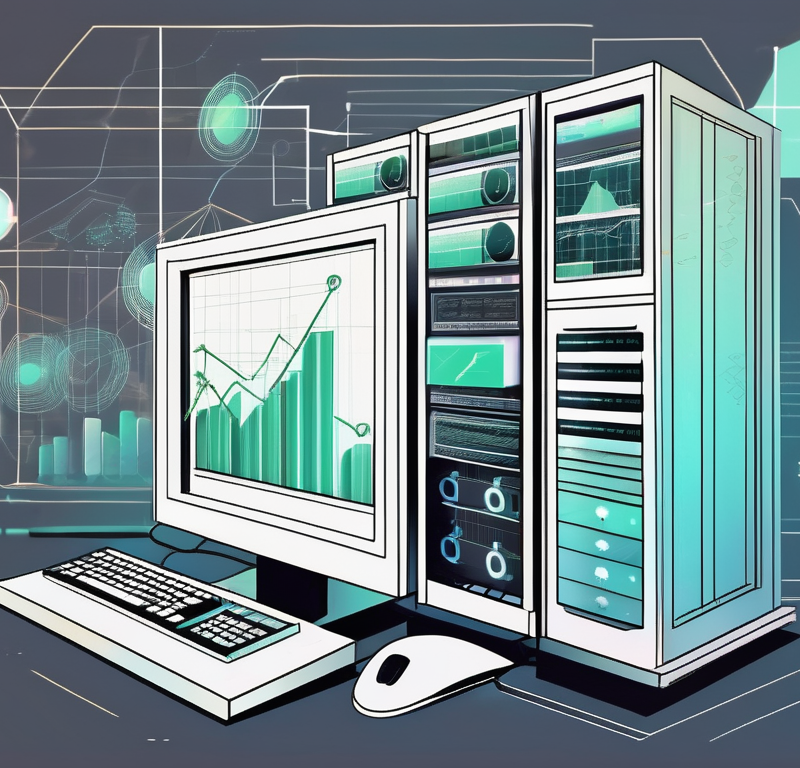 A futuristic computer server overlaid with statistical graphs and money symbols