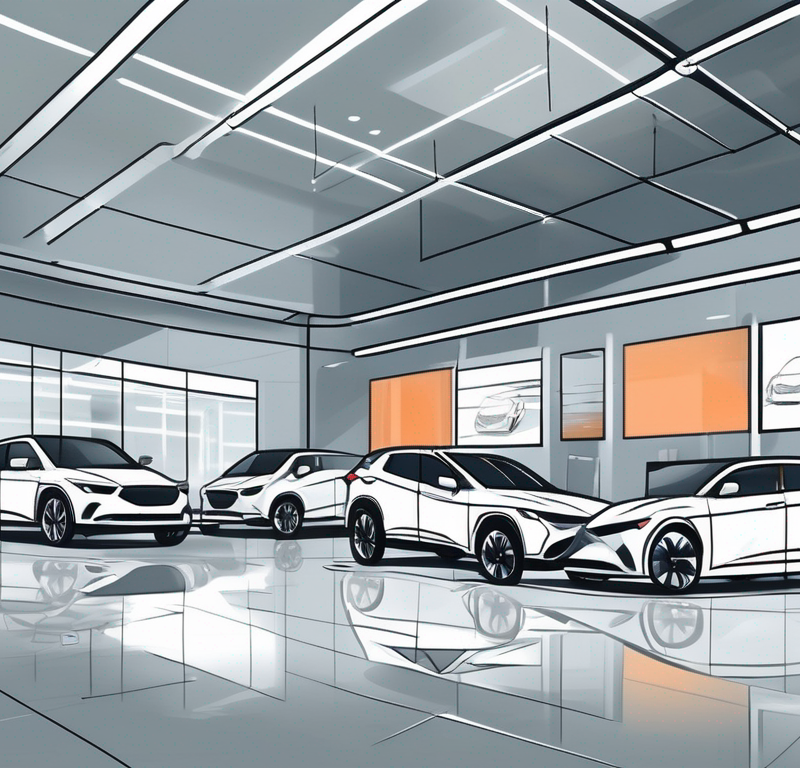 A modern car dealership with various sections like the showroom