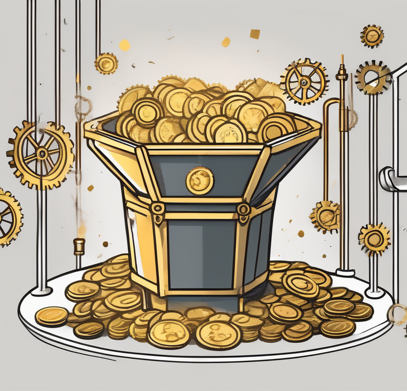 A sales funnel filled with symbolic golden coins at the top (representing leads) which are being filtered down into a treasure chest (representing sales) through a series of gears (representing follow-up strategies)