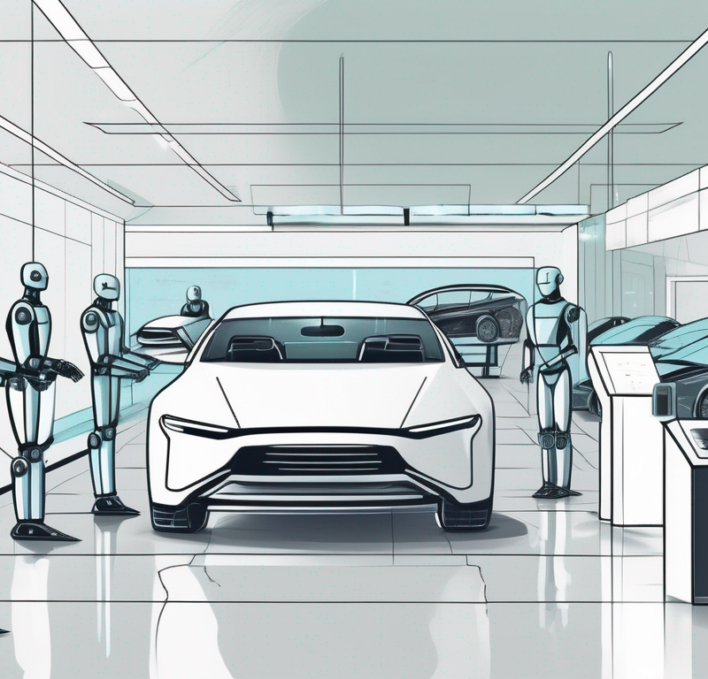 A futuristic car dealership with ai robots servicing vehicles