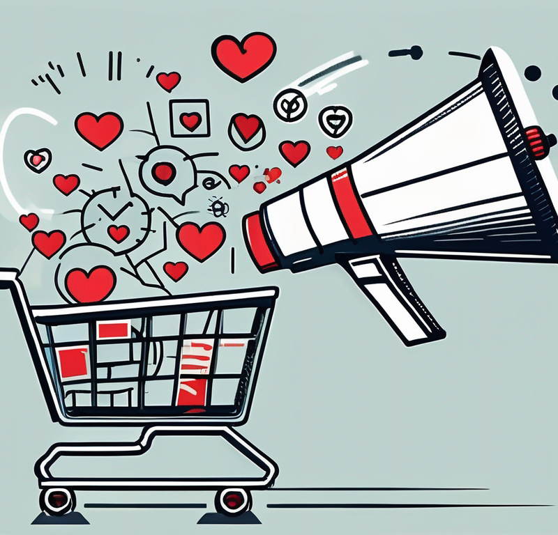 A megaphone projecting various symbols (like a shopping cart