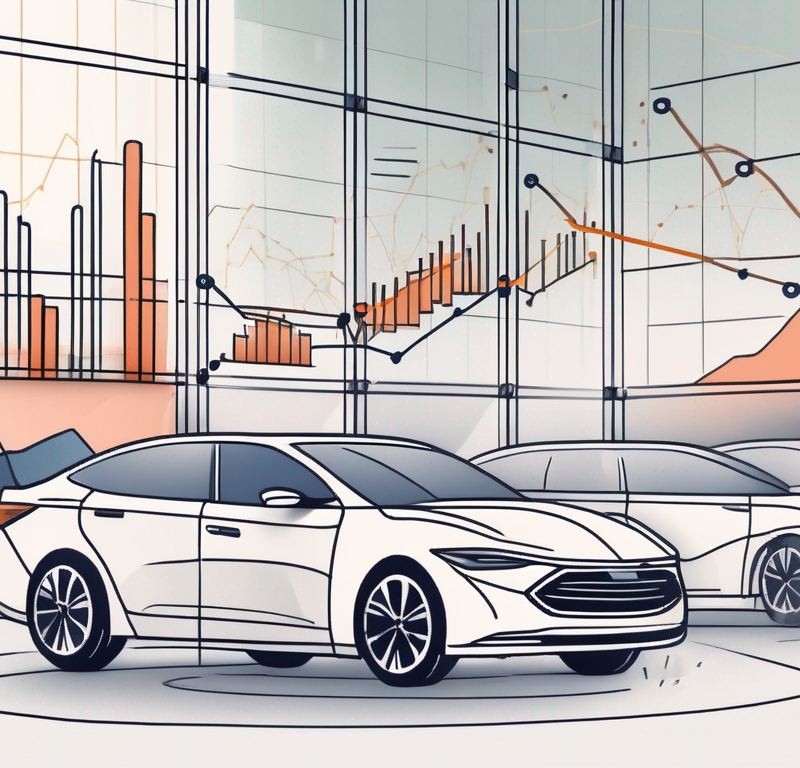 A car dealership with charts and graphs floating above it