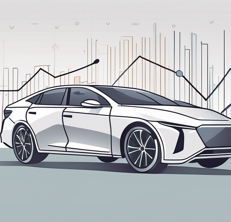 A car dealership with graphs and charts emerging from it