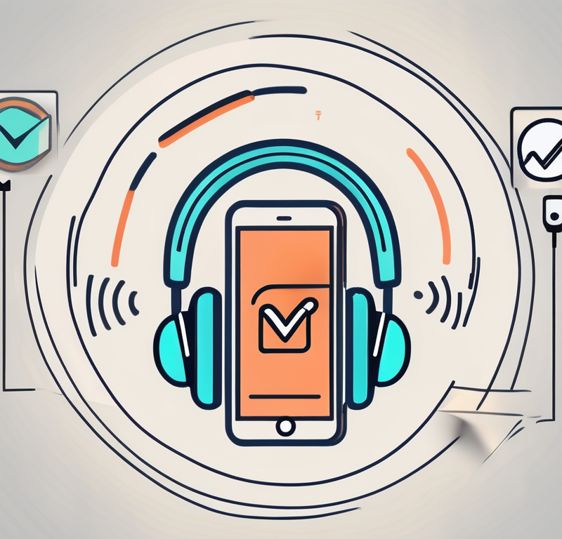 A pair of headphones next to a checkmark symbol