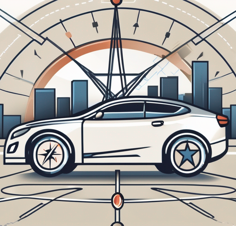 A navigational compass superimposed on a stylized depiction of a car dealership