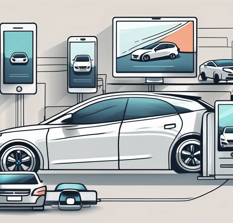 A car dealership with various interconnected digital devices (like computers