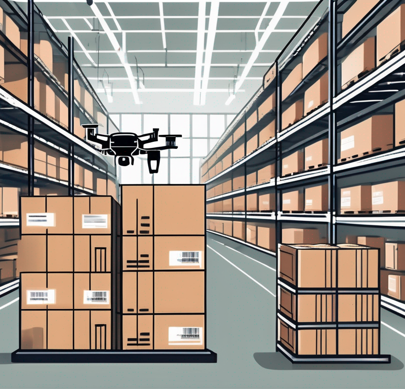 A warehouse with shelves stocked with boxes