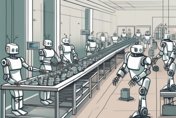 An assembly line with robots performing various tasks
