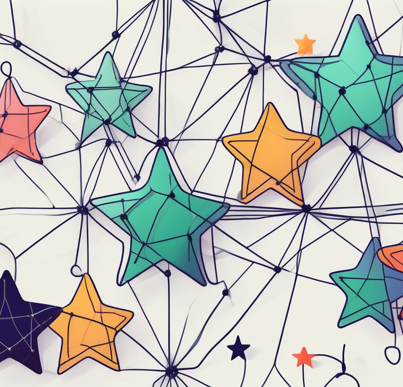 A computer screen showing various review stars and a vibrant digital community represented by interconnected nodes